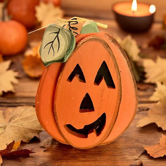 Set of 2 Wooden Jack O Lantern Pumpkins-Rustic Farmhouse Fall-Halloween Decor - Picture 3 of 4